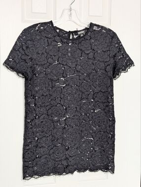 DKNY Women's (Small) Black Floral Lace Short-Sleeve Blouse/Top w/Cut-Outs